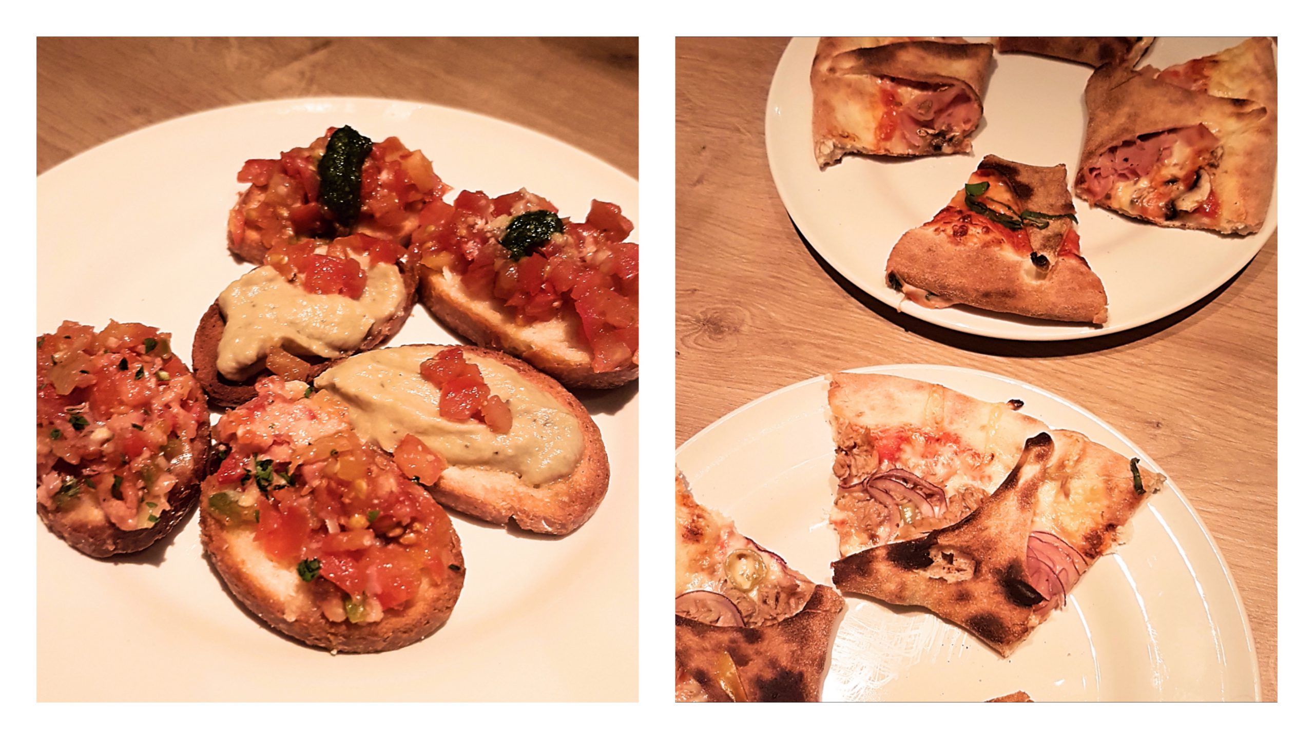 Linkes Bild: Bruschetta - Variation. Rechtes Bild: Pizzen im Eatalico.